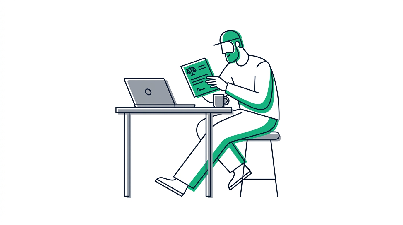 Mann sitzt am Schreibtisch und liest ein Dokument mit Waage-Symbol, daneben ein aufgeklappter Laptop und eine Tasse