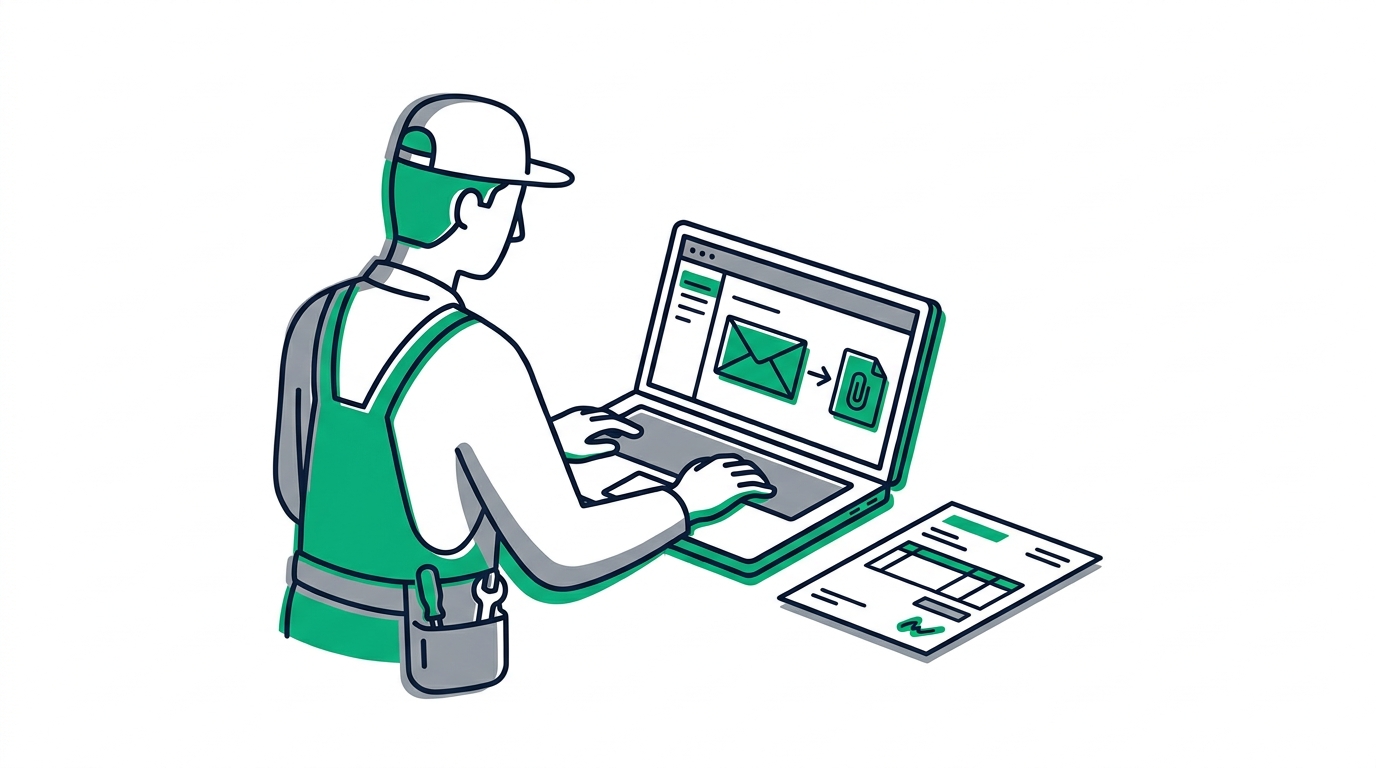 Handwerker öffnet am Laptop den Anhang einer E-Rechnung, daneben ein Rechnungsbeleg