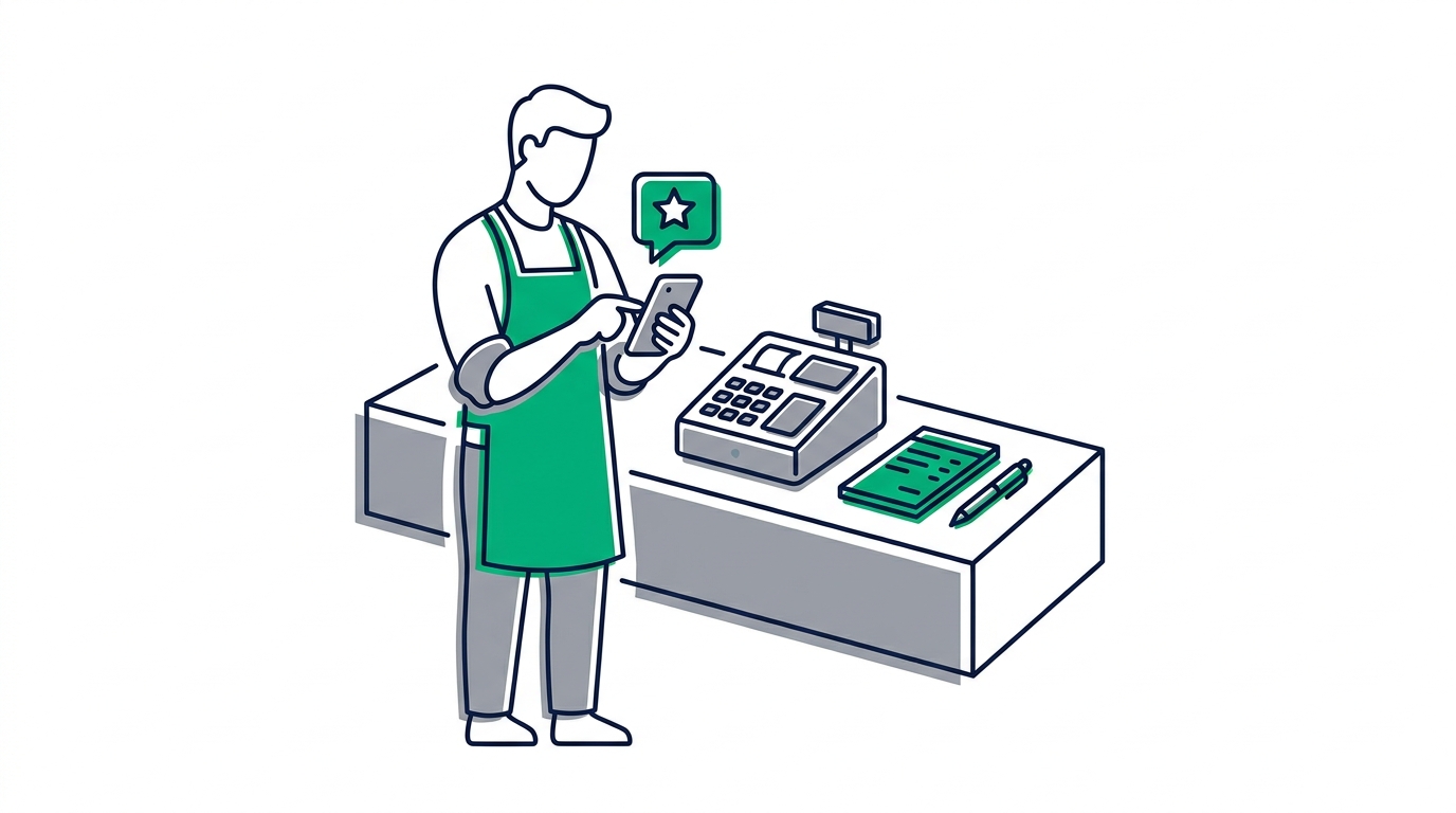Cafébesitzer am Tresen liest eine Bewertung auf dem Smartphone, daneben Notizblock und Stift